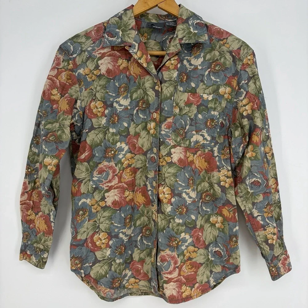 Vtg 90s Lizwear Floral Button-Up Shirt Petite P Cotton Liz Claiborne Cottagecore